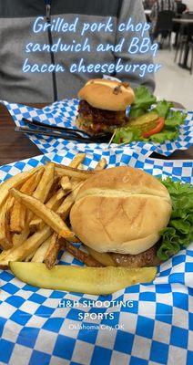 Grilled Pork Chop Sandwich and BBQ Bacon Cheese Burger.