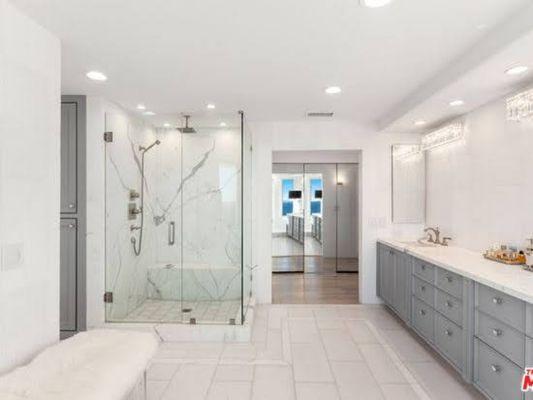 Master bathroom shower, full marble, in Malibu