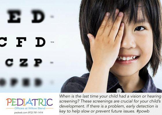 Vision screening are critical for your child's health. Our comprehensive visits includes vision & hearing screenings. Book your appointment.