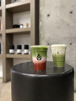 Matcha Strawberry Latte + Sweet Cream Matcha Chai Latte.