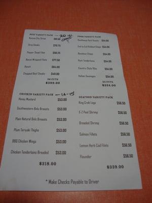 Back side of flier with prices for various package deals.