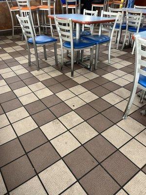 Dirty floor, tables, and chairs