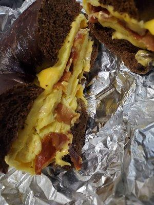 Beacon,  eggs,  and Cheese on pumpernickel