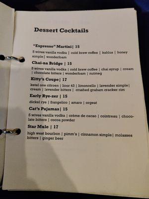 Dessert Cocktail Menu