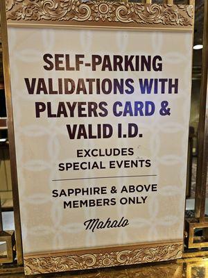 Free parking for Sapphire, Emerald, Onyx, and Titanium levels ... with I.D. and Players Card