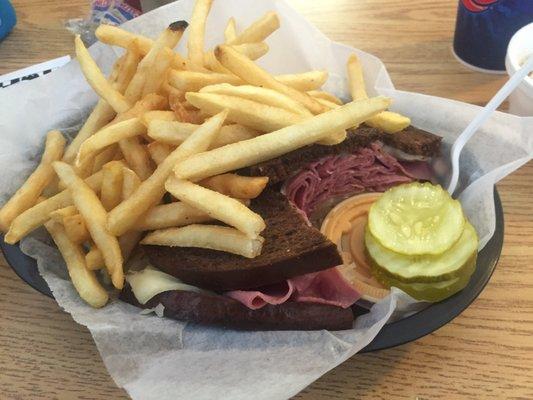 Deluxe Reuben Combo (with fries and soup). A deal at $7.75.