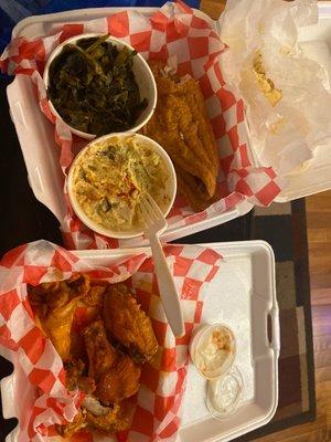 Catfish potato salad collard greens cornbread and buffalo wings