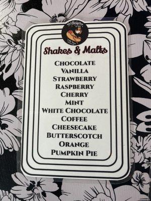 Shakes and Malts menu