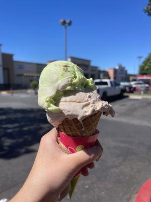 Pistachio and snicker ice cream cone