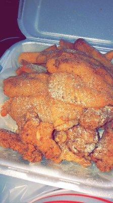 Fried fish, chicken, shrimp and fries.