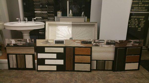 New porcelain tile with wood looks available in showroom.