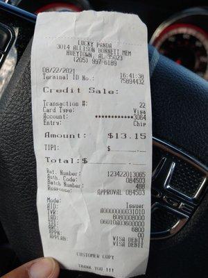 The receipt from my purchase