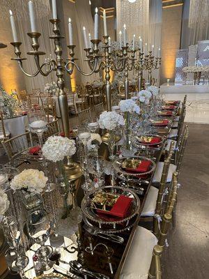 Washington Mirror Tables, Charger Plates, Napkins, Candelabras