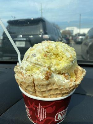 Oreo cream and Yellow cake mixed in waffle bowl