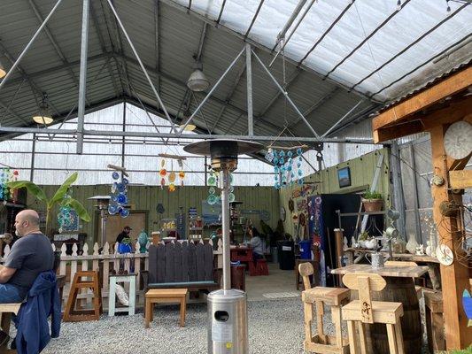 Covered seating area with local art.