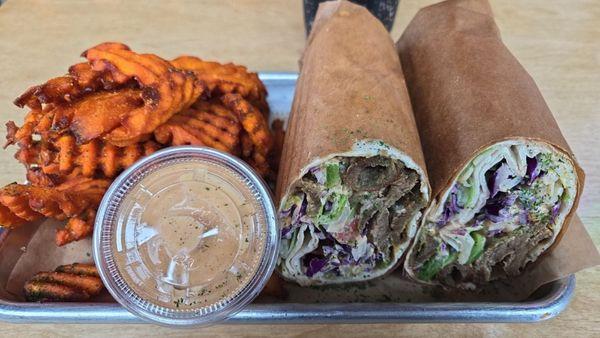 Mediterranean Wrap and Sweet potato fries