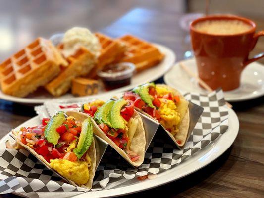 Breakfast Tacos  and Waffles