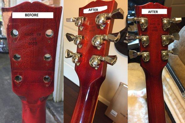 Removed poor finish repair on Gibson Les Paul neck and restored the finish to factory quality.