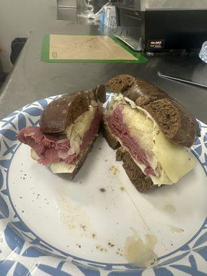 Ruben sandwich, on a rye bread, or New York bagel