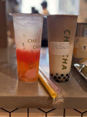 Litchi with Mango and Stawberry Jelly & Coffee Latte w/black sugar boba.