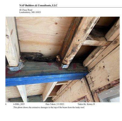 Extensive damage is shown to the top of the beam, which is directly beneath the sheathing they replaced and should have told us.