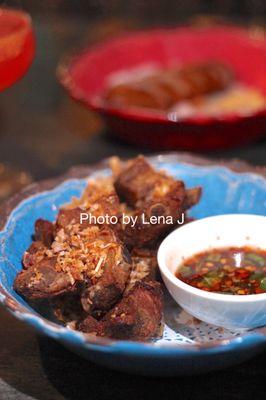 Garlic Pork Spareribs ($8 happy hour, $14 regular) - fried marinated pork spareribs topped with fried garlic