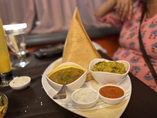 Masala Dosa. Both coconut and Tomato chutney along with the potato bhaji,  samvat along with Dosa