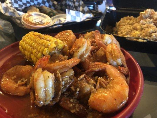 Seafood Boil Shrimp Devine and heads off...They run laps on Angry Crab and Hot Crawfish!!!