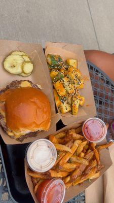 Burger, Fries & cucumber salad