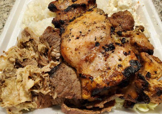 Ekolu Plate: kalua pig, Teri beef, Teri chicken, white rice, and Mac salad