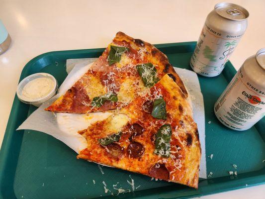 Top - Ham and Pineapple; bottom - pepperoni; side - two beers and their housemade ranch. Not pictured: friendly staff and great vibes