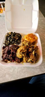 Curry chicken, pepper steak w/ mac and greens