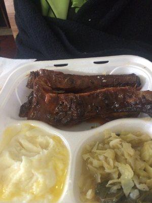 Mom's order- Rib plate with mashed potatoes and cabbage