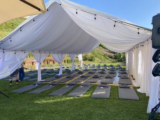 Beautifully draped tent. Guests were doing breathwork before the dance party.