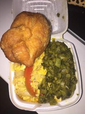 Ackee , Saltfish, Calaloo, and a fried dumpling . Yum.