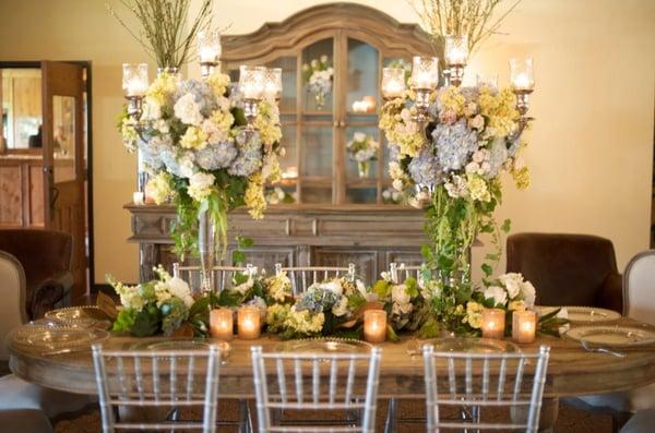 Floral Candelabra, Reclaimed Wood Dining Table, Bar and Hutch