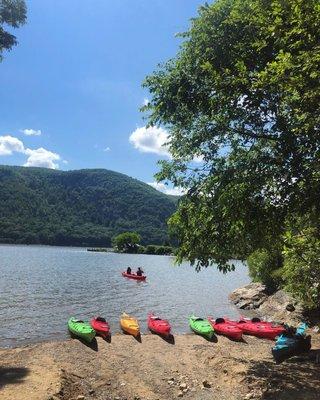 Kayaks ready for paddling on the Hudson River