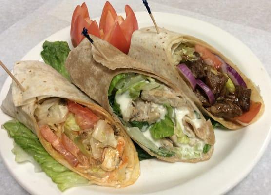 Sample of 3 wraps: BBQ steak tip, grilled chick Caesar, buffalo wrap.