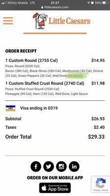 Ordered "No Sauce" on the app