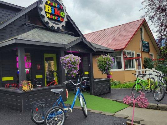 Front of shop.  Eyeing that adult tricycle!