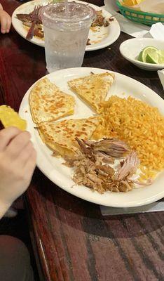 E. Children's Quesadilla and Rice Plate with some Carnitas Plate