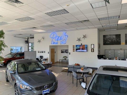 Our clean and spacious showroom for you to practice social distancing while your car is here for service. We disinfect relentlessly!