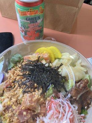 Three 3 Protein Poke Your Bowl / Salad / Burrito Combo and Hawaiian Sun Lychee Green Tea