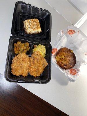 Chicken fried pork tenderloin,squash, okra, cornbread, and carrot cake.