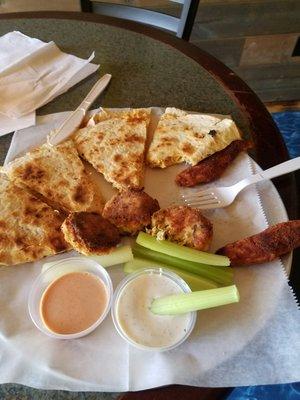 Awesome three little birds! Smoked gouda chicken balls, spicy fingers and a quesadilla!