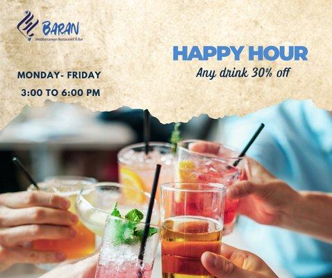 Happy Hour Any drink %30 off