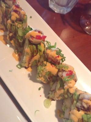 Chef special roll: crab topped with avocado. Huge size and taste great.