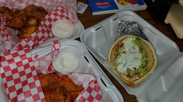 Chichen gyro, hot lemon pepper wings and honey mustard wings