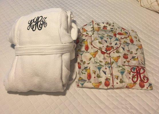 Look at the beautiful monogram Lucky Thread did!  The pajama sleep shirt I bought there. Great customer service and fabulous monogramming.