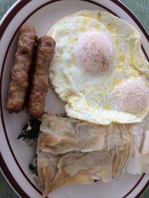 Breakfast special / spanakopita with two eggs and two sausage links